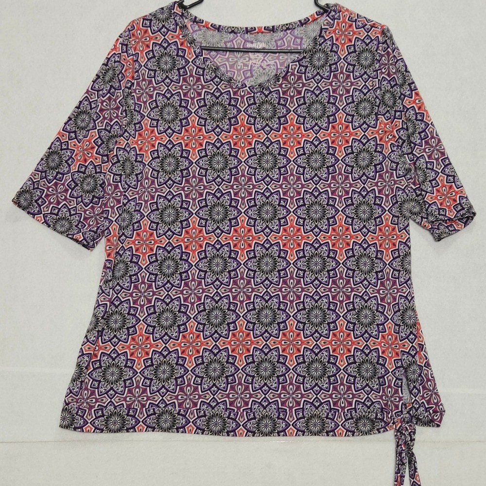 East 5th Women's 3/4 Sleeve Tie Side Tunic Top Geometric Print Purple Coral XL